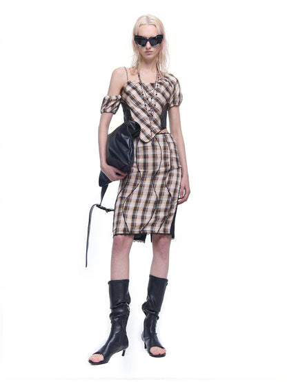 24ans Plaid Polyester Satin Skirt Set V-neck T-shirt Long-Sleeve