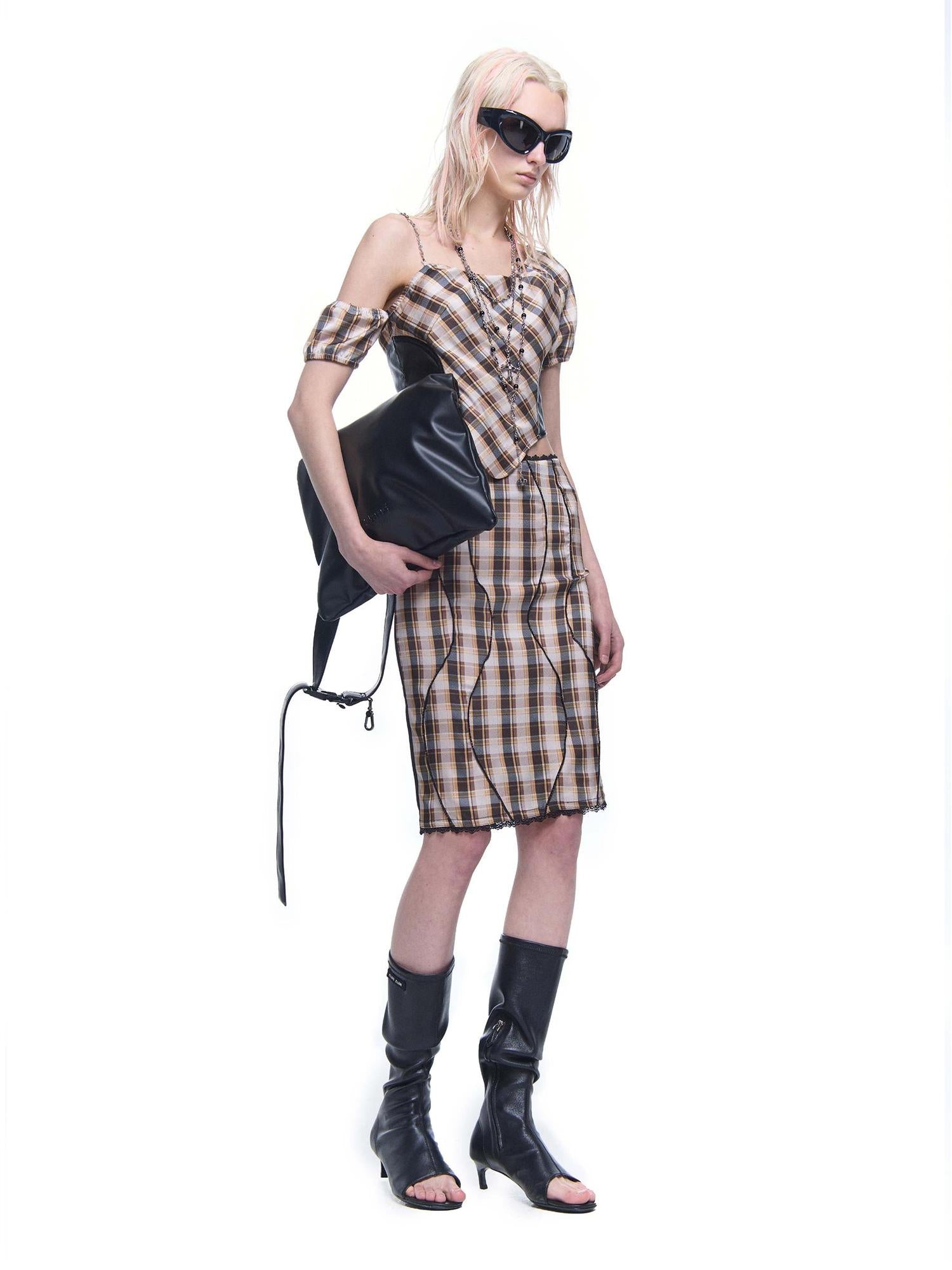 24ans Plaid Polyester Satin Skirt Set V-neck T-shirt Long-Sleeve