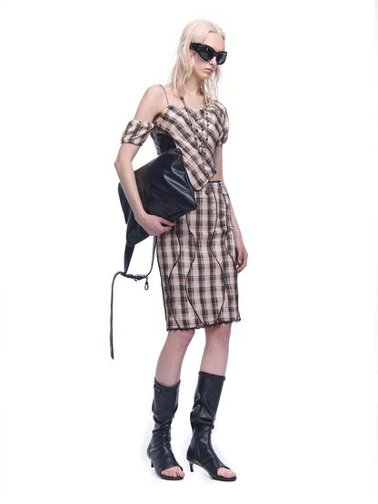 24ans Plaid Polyester Satin Skirt Set V-neck T-shirt Long-Sleeve