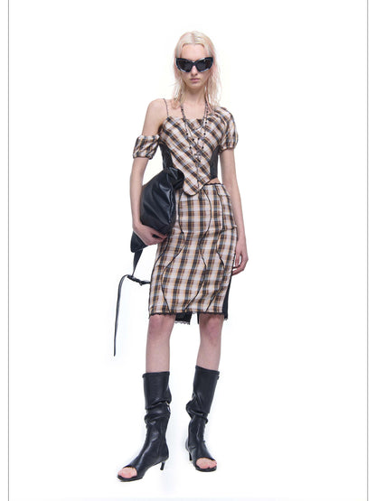 24ans Plaid Polyester Satin Skirt Set V-neck T-shirt Long-Sleeve