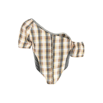 24ans Plaid Polyester Satin Skirt Set V-neck T-shirt Long-Sleeve MISSTT