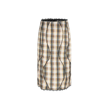 24ans Plaid Polyester Satin Skirt Set V-neck T-shirt Long-Sleeve MISSTT