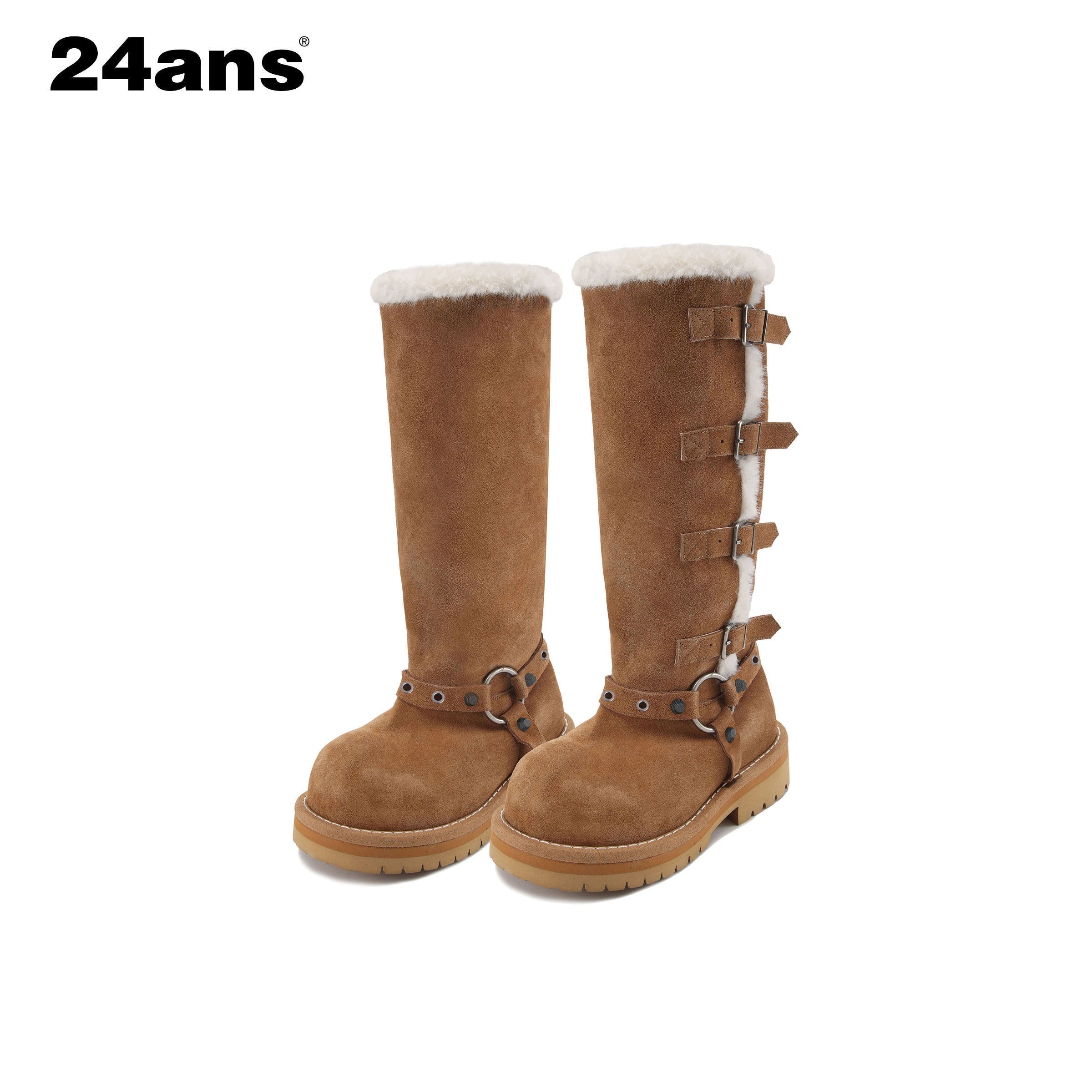 24ans_Plush_Lined_Suede_Mid_Heel_Tall_Belt_Buckle_Fashion_Women_Black_Khaki_Boots_MISSTT