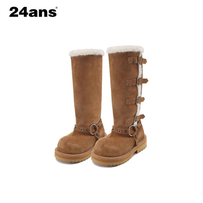 24ans_Plush_Lined_Suede_Mid_Heel_Tall_Belt_Buckle_Fashion_Women_Black_Khaki_Boots_MISSTT