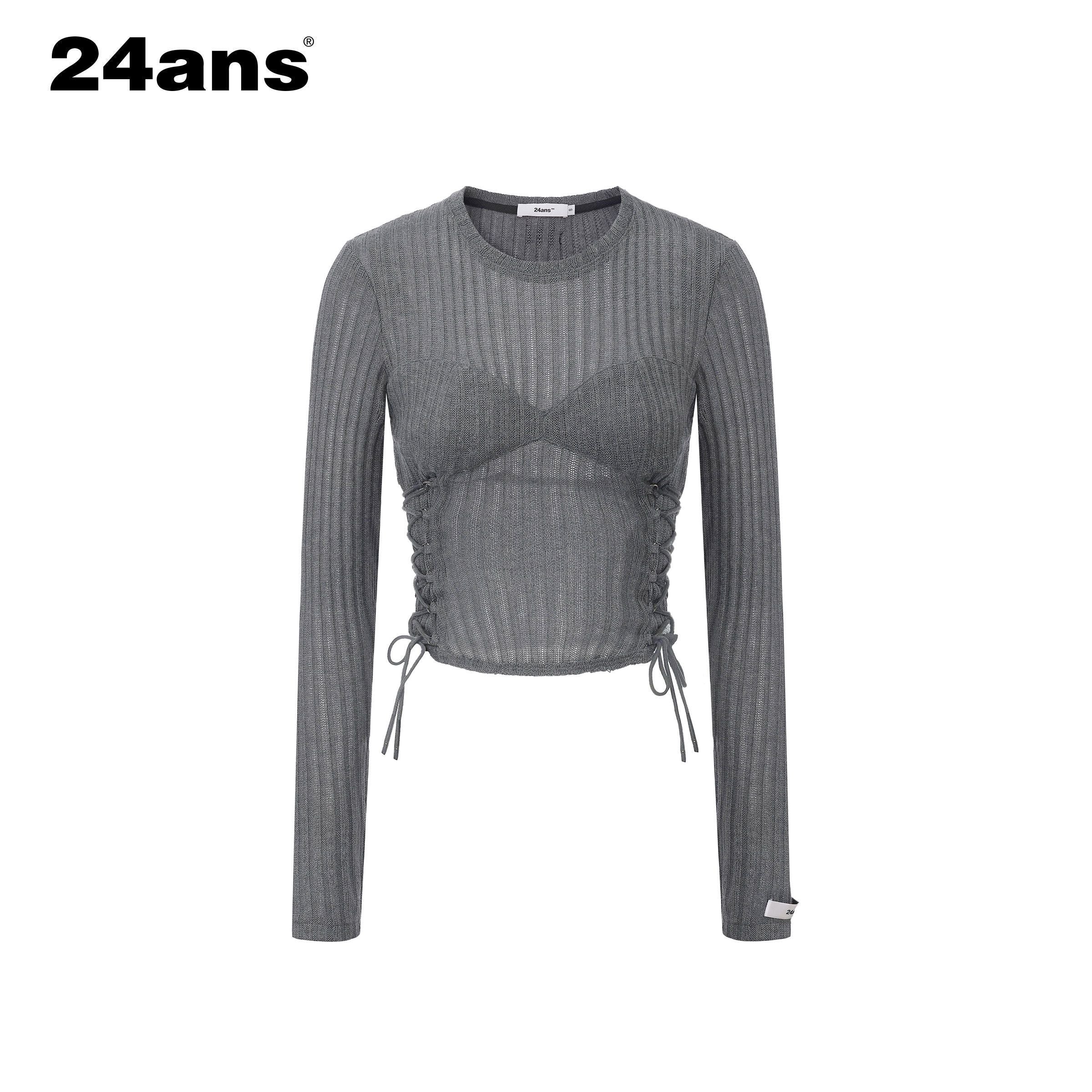24ans_Poly_Cotton_Blend_Slim_Cropped_Tie_Cutout_Long_Sleeve_Letter_Round_Neck_T-Shirt_MISSTT