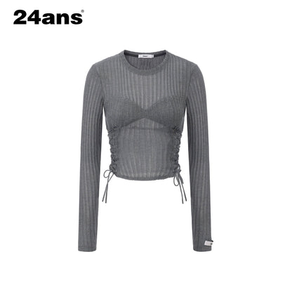 24ans_Poly_Cotton_Blend_Slim_Cropped_Tie_Cutout_Long_Sleeve_Letter_Round_Neck_T-Shirt_MISSTT