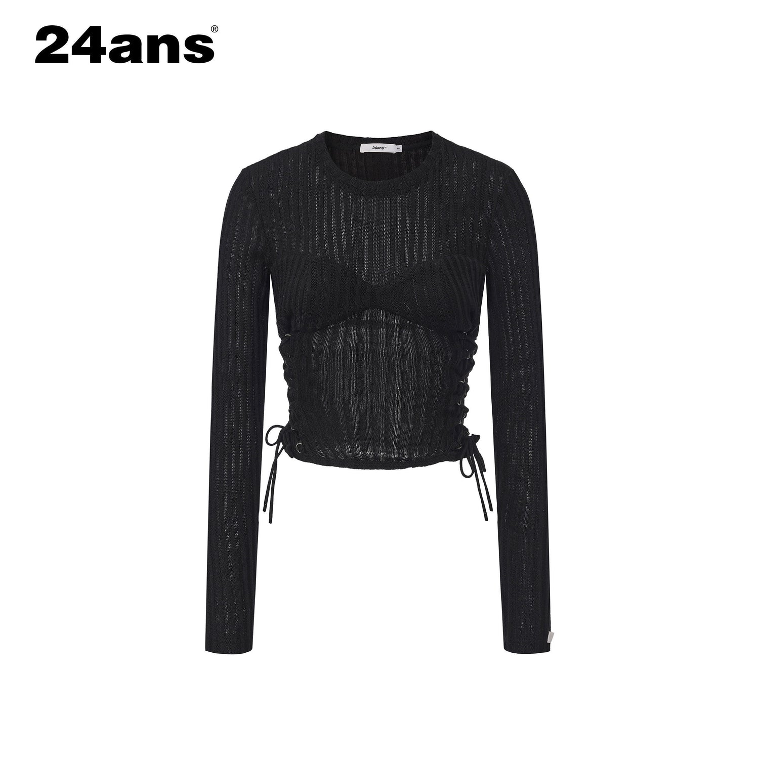 24ans_Poly_Cotton_Blend_Slim_Cropped_Tie_Cutout_Long_Sleeve_Letter_Round_Neck_T-Shirt_MISSTT