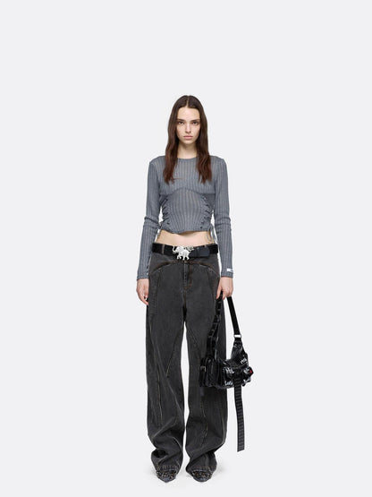 24ans Poly Cotton Blend Slim Cropped Tie Cutout Long Sleeve Letter Round Neck T-Shirt