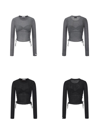 24ans Poly Cotton Blend Slim Cropped Tie Cutout Long Sleeve Letter Round Neck T-Shirt