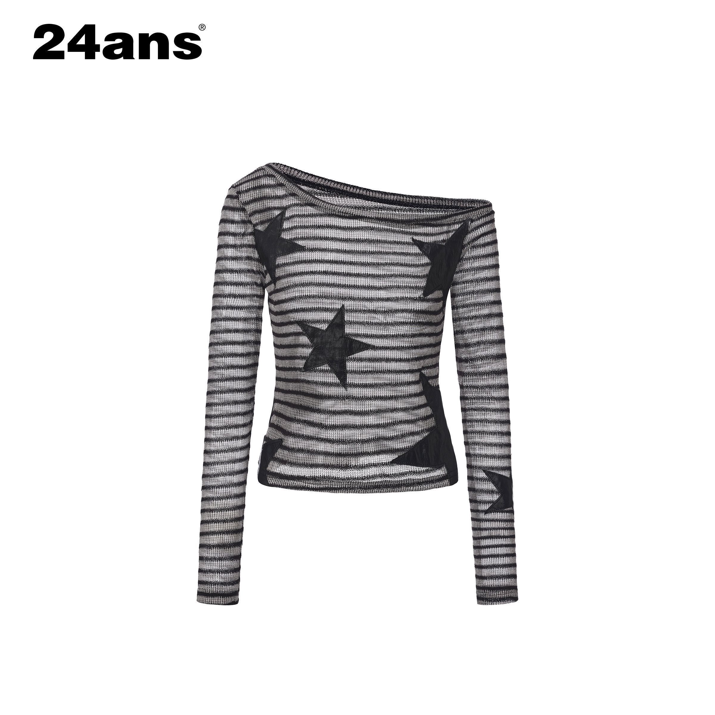 24ans Poly Cotton Star Patch Straight Crop Black Grey Stripe Long Sleeve T-Shirts