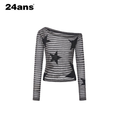 24ans Poly Cotton Star Patch Straight Crop Black Grey Stripe Long Sleeve T-Shirts