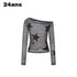 24ans Poly Cotton Star Patch Straight Crop Black Grey Stripe Long Sleeve T-Shirts