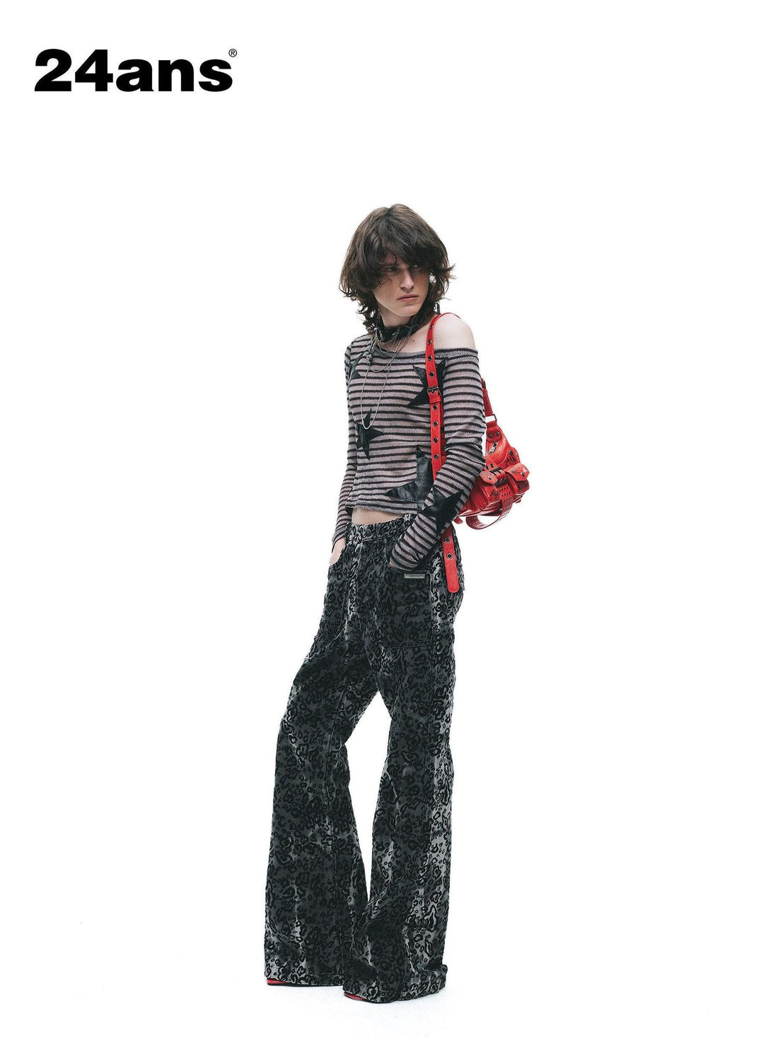 24ans Poly Cotton Star Patch Straight Crop Black Grey Stripe Long Sleeve T-Shirts