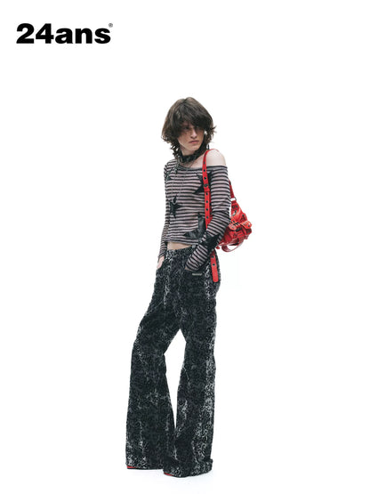 24ans Poly Cotton Star Patch Straight Crop Black Grey Stripe Long Sleeve T-Shirts-1