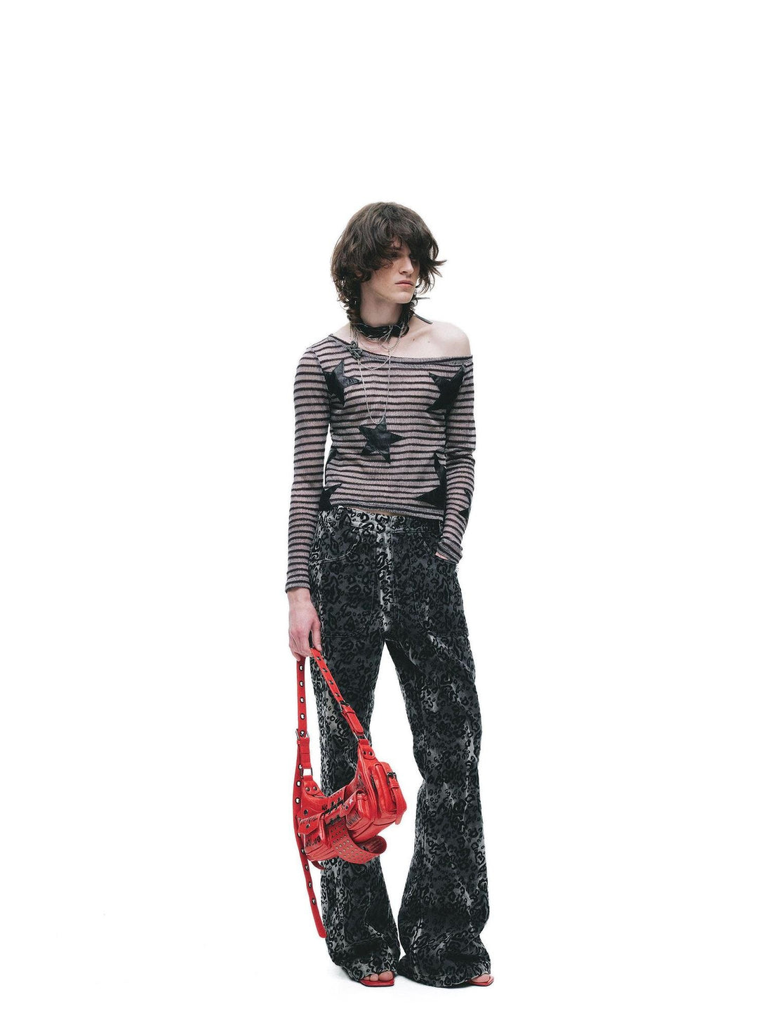 24ans Poly Cotton Star Patch Straight Crop Black Grey Stripe Long Sleeve T-Shirts