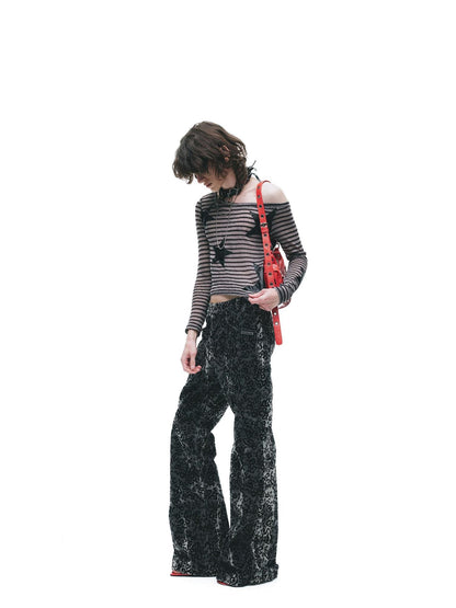 24ans Poly Cotton Star Patch Straight Crop Black Grey Stripe Long Sleeve T-Shirts