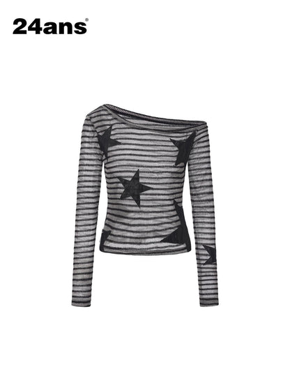 24ans Poly Cotton Star Patch Straight Crop Black Grey Stripe Long Sleeve T-Shirts