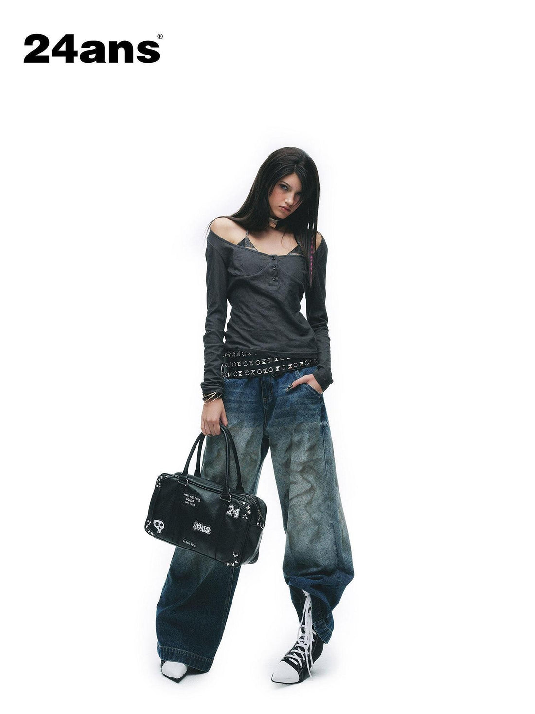 24ans Premium Cotton Punk Mock Layered Oversized Women Patchwork Long Sleeve T-Shirts