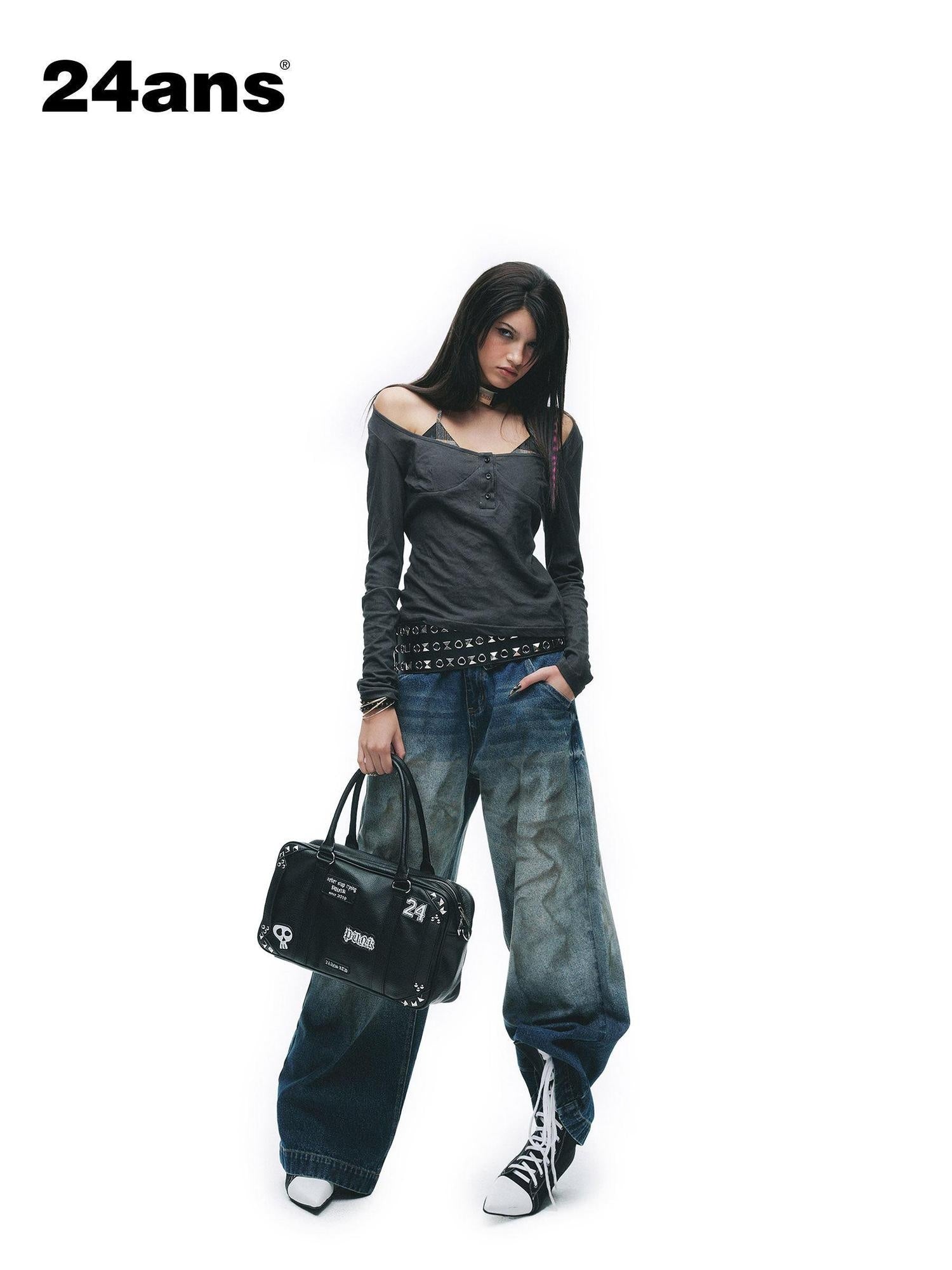 24ans Premium Cotton Punk Mock Layered Oversized Women Patchwork Long Sleeve T-Shirts