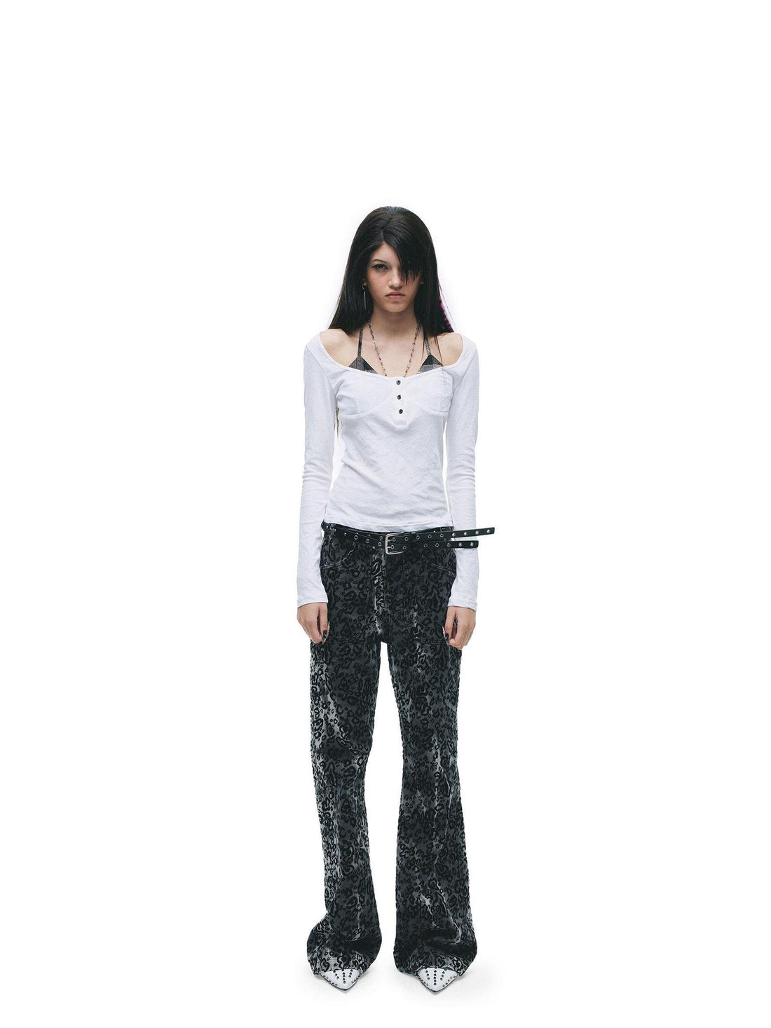 24ans Premium Cotton Punk Mock Layered Oversized Women Patchwork Long Sleeve T-Shirts