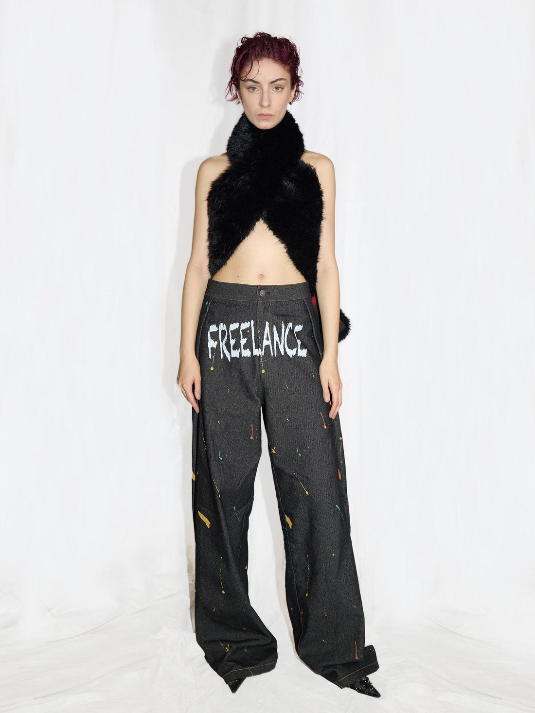 24ans Printed Fold Over Jeans With Splatter Detail