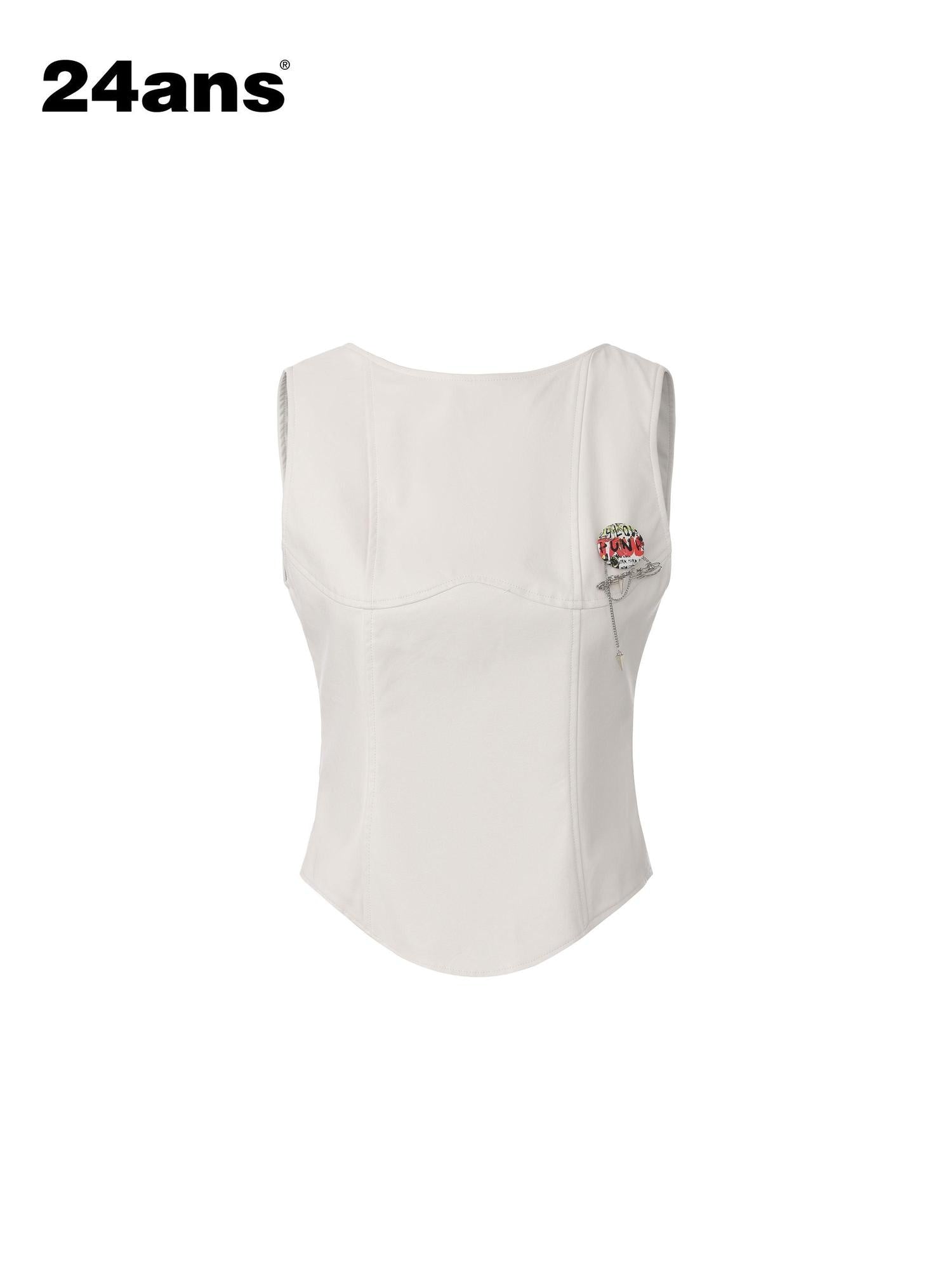 24ans Pu Slim Fit Round Neck H Shape White Women Casual Outerwear Tank Tops