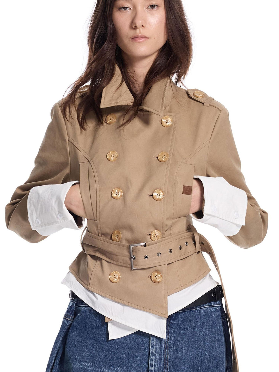 24ans Punk Contrast Trim Faux Layered Double Breasted Cotton Women&