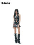 24ans Punk Distressed Letter Print Raw Edge Adjustable Women&
