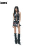 24ans Punk Distressed Letter Print Raw Edge Adjustable Women&