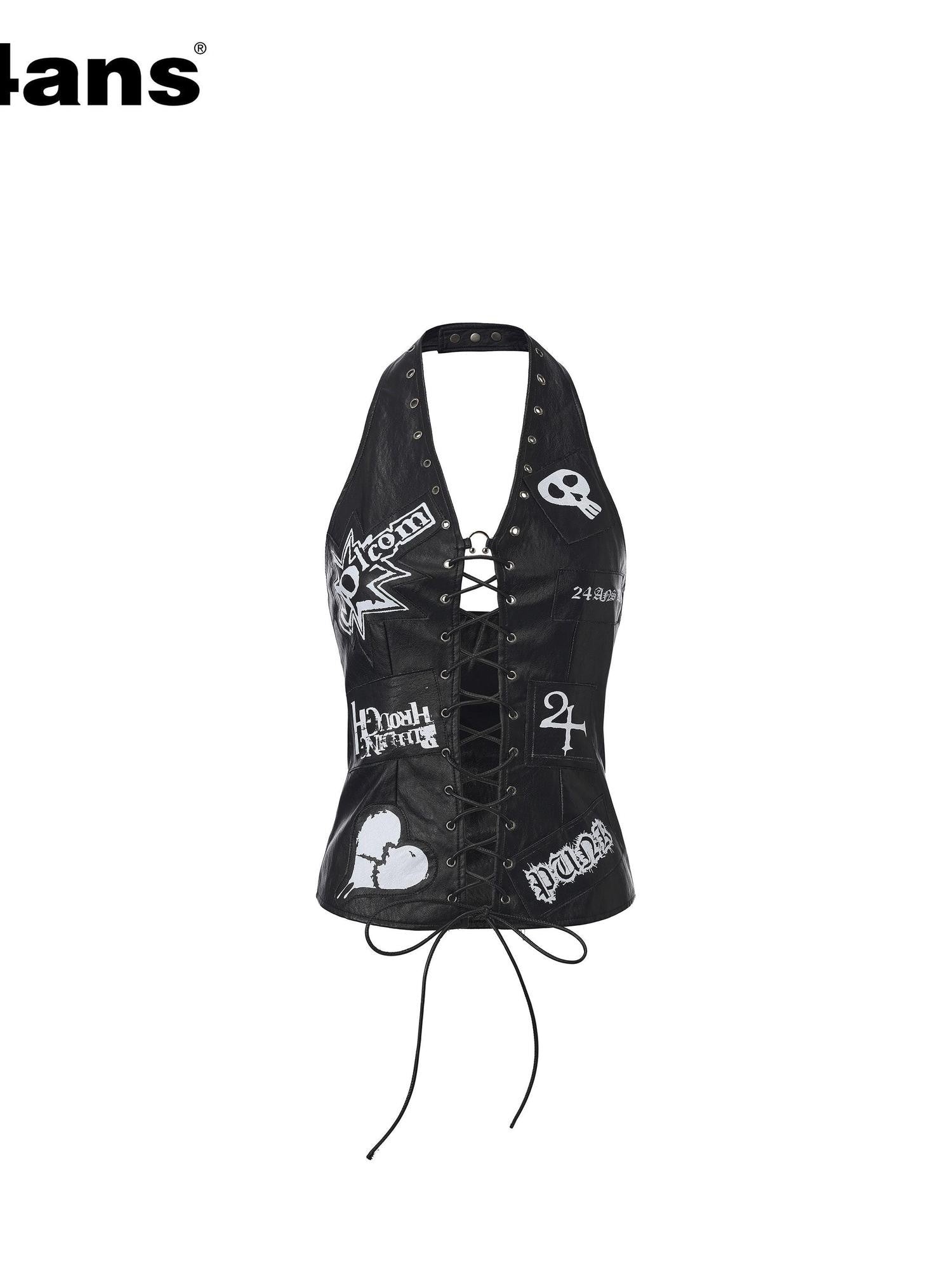 24ans Punk Distressed Letter Print Raw Edge Adjustable Women&