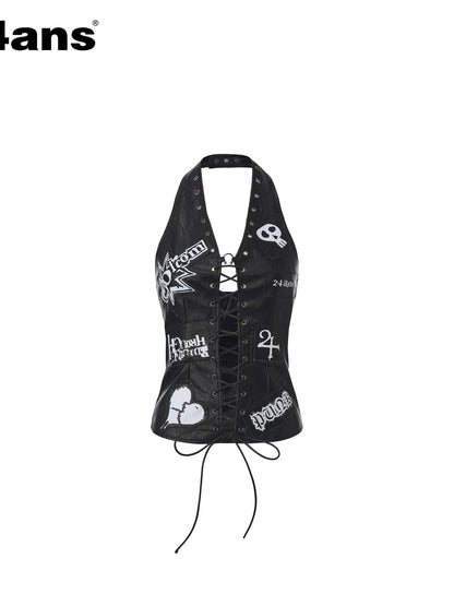 24ans Punk Distressed Letter Print Raw Edge Adjustable Women&