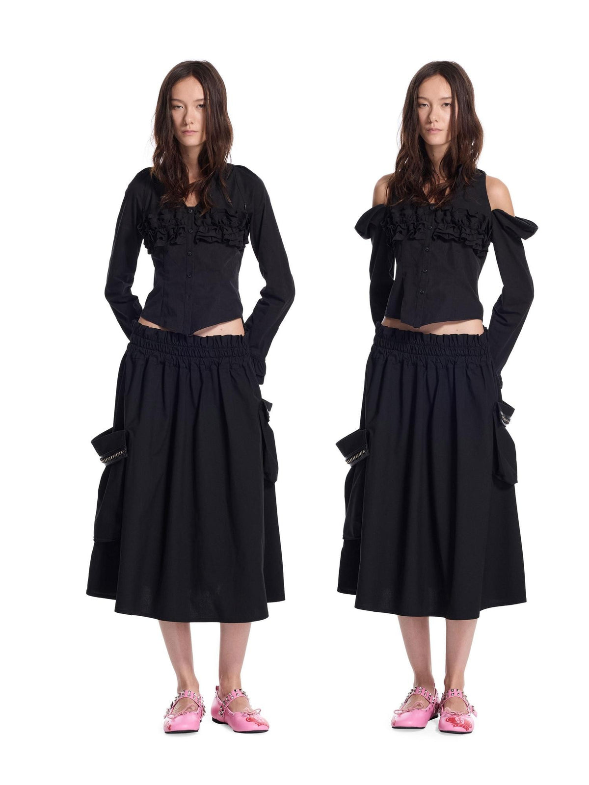 24ans Punk Double Ruffle Puff Sleeve Pure Cotton Women&