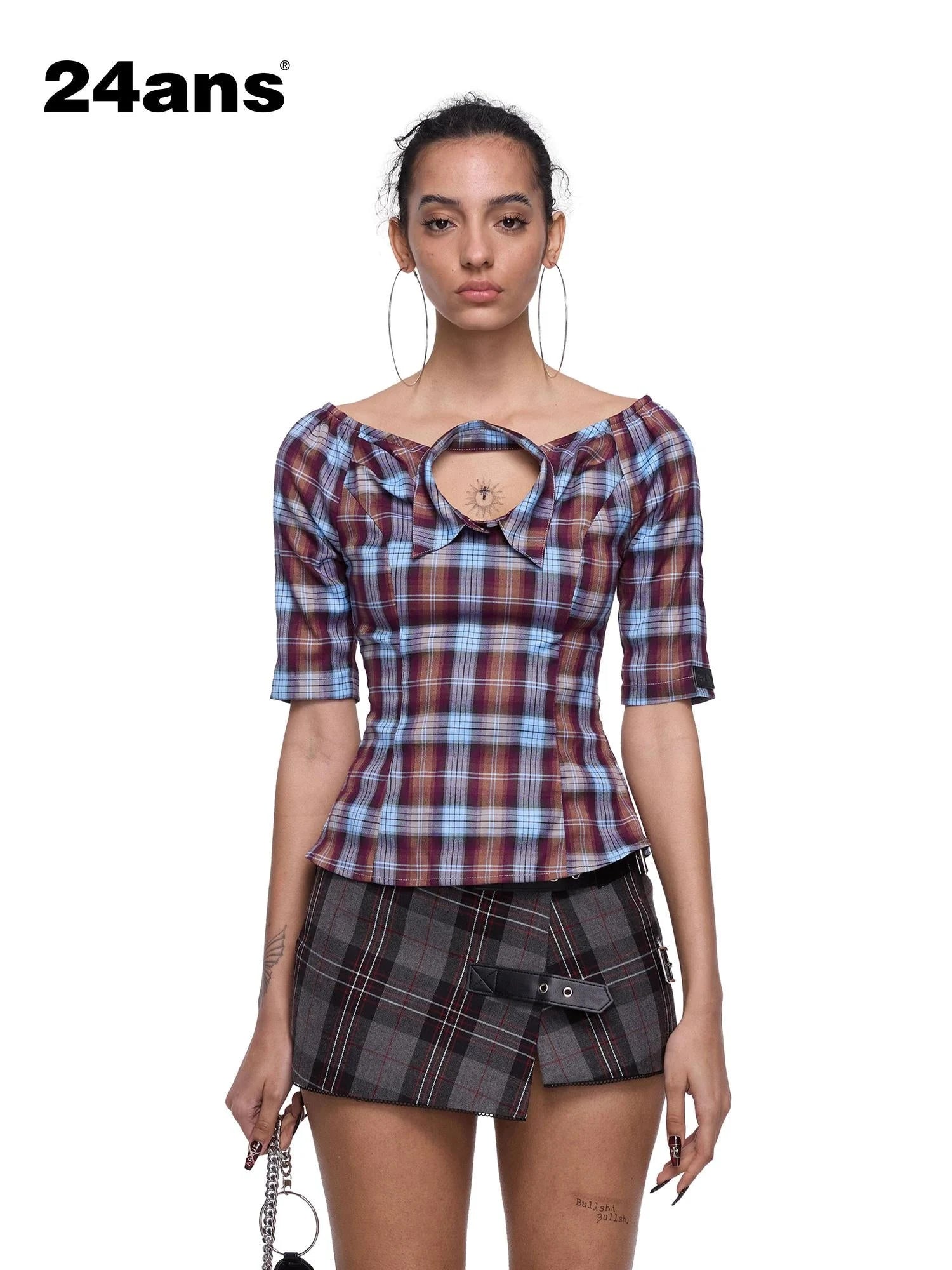 Punk Plaid Cut Out Crop Shirt With Waist Tie