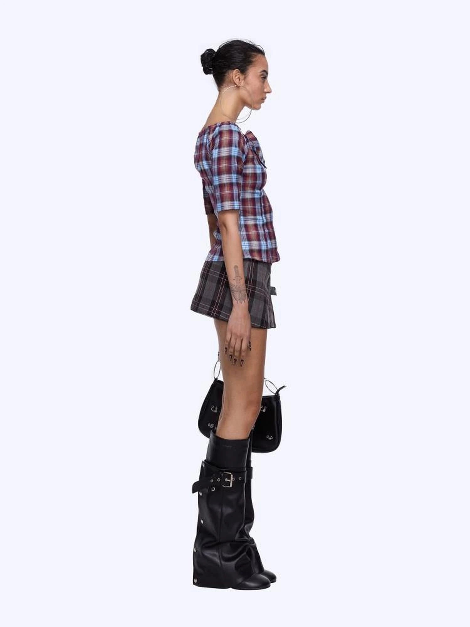 Punk Plaid Cut Out Crop Shirt With Waist Tie