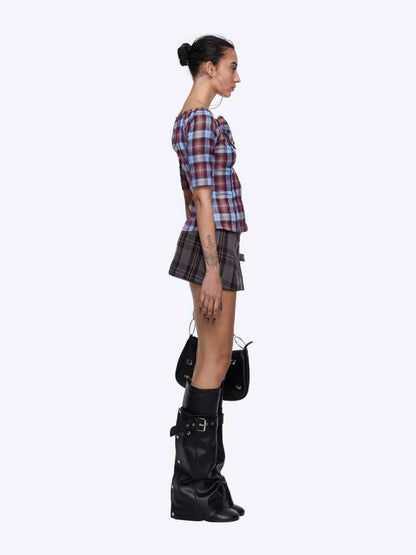 Punk Plaid Cut Out Crop Shirt With Waist Tie