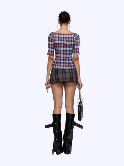 Punk Plaid Cut Out Crop Shirt With Waist Tie