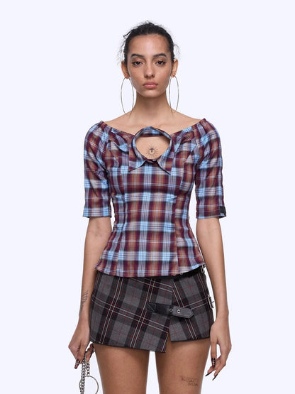 Punk Plaid Cut Out Crop Shirt With Waist Tie