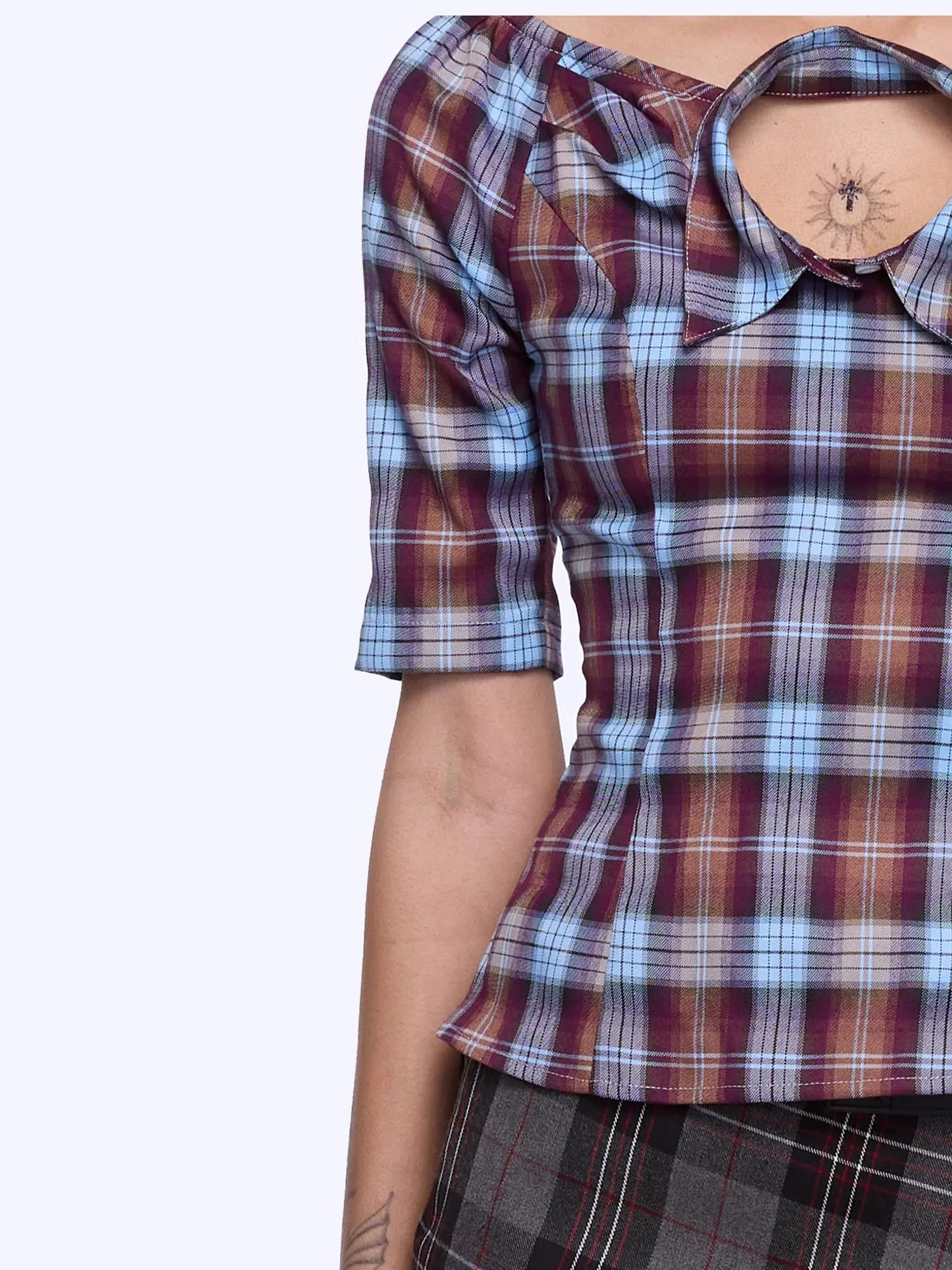 Punk Plaid Cut Out Crop Shirt With Waist Tie