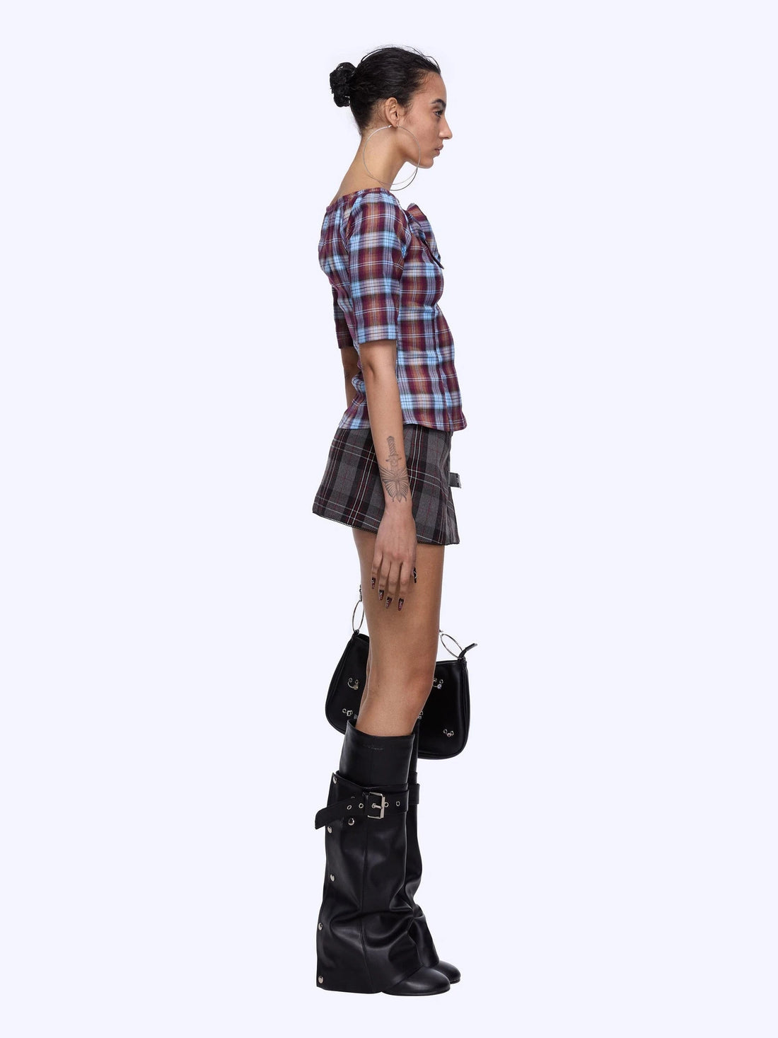 Punk Plaid Cut Out Crop Shirt With Waist Tie