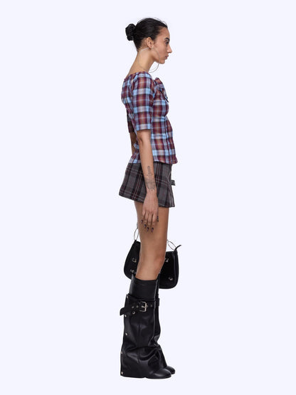 Punk Plaid Cut Out Crop Shirt With Waist Tie