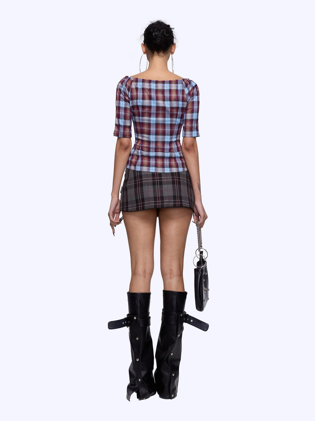 Punk Plaid Cut Out Crop Shirt With Waist Tie