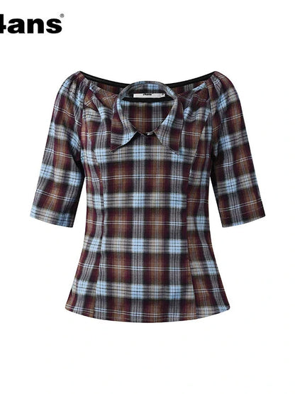 Punk Plaid Cut Out Crop Shirt With Waist Tie