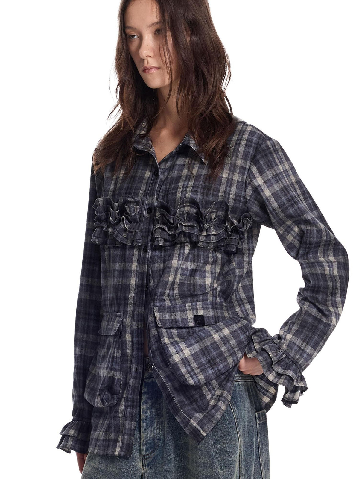 24ans Punk Plaid Distressed Ruffle Trim Pocket Cotton Women&