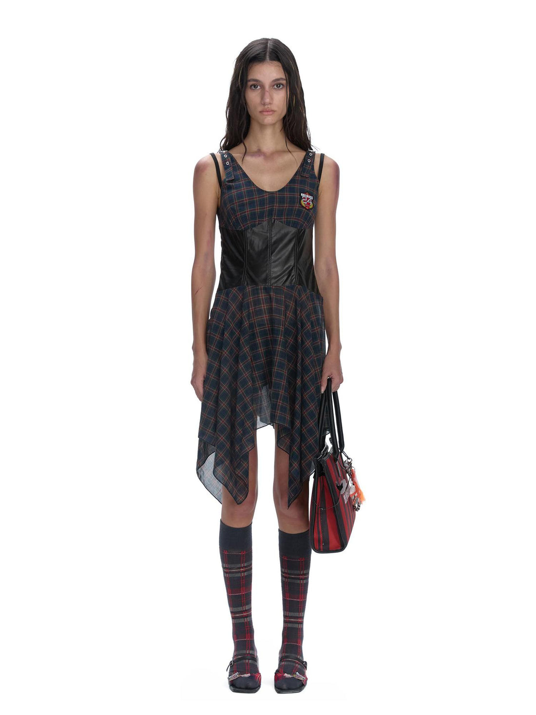 24ans Punk Plaid PU Cotton Asymmetrical Mini Dress V-Neck T-Shirt Long-Sleeve