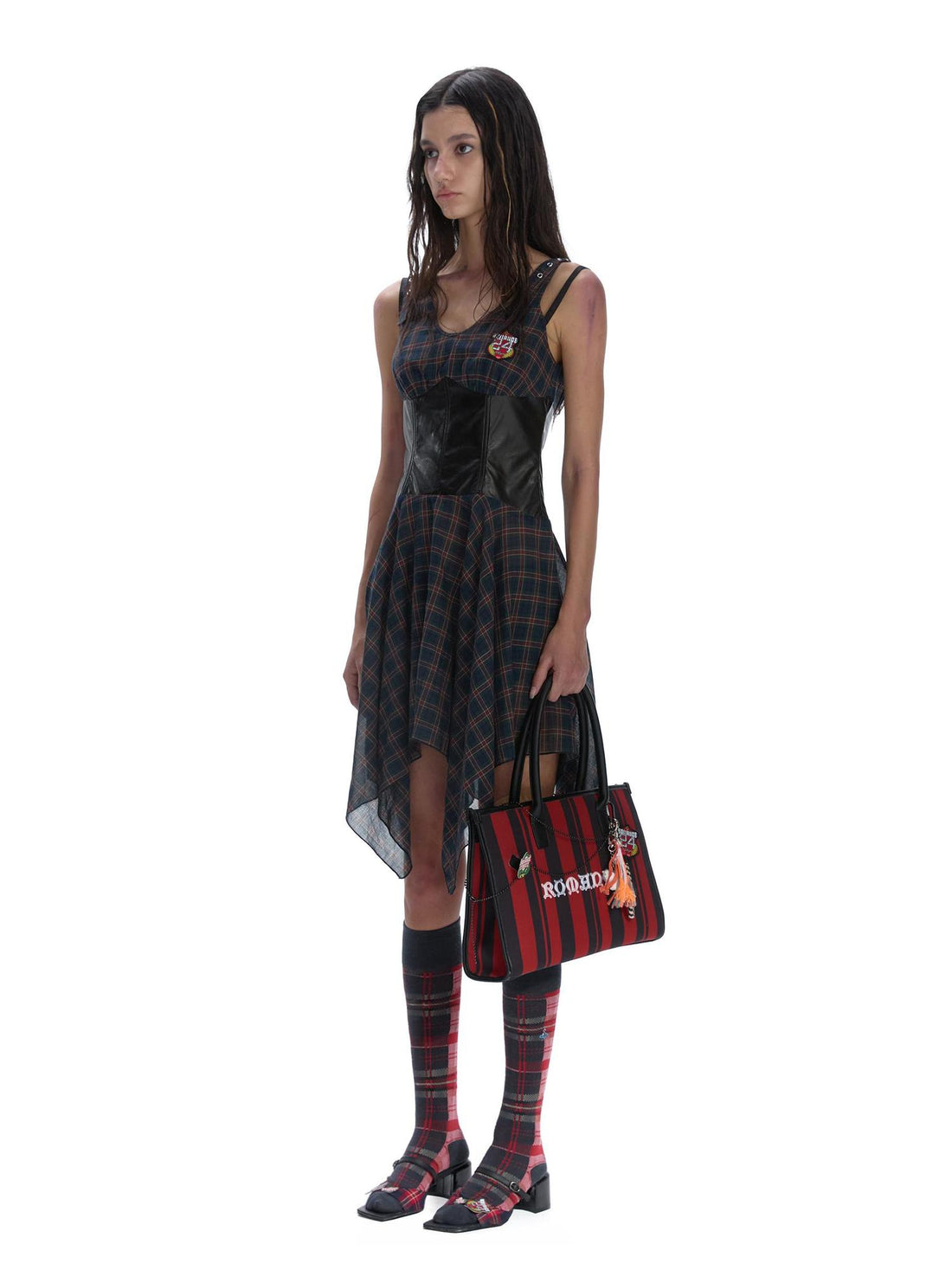 24ans Punk Plaid PU Cotton Asymmetrical Mini Dress V-Neck T-Shirt Long-Sleeve