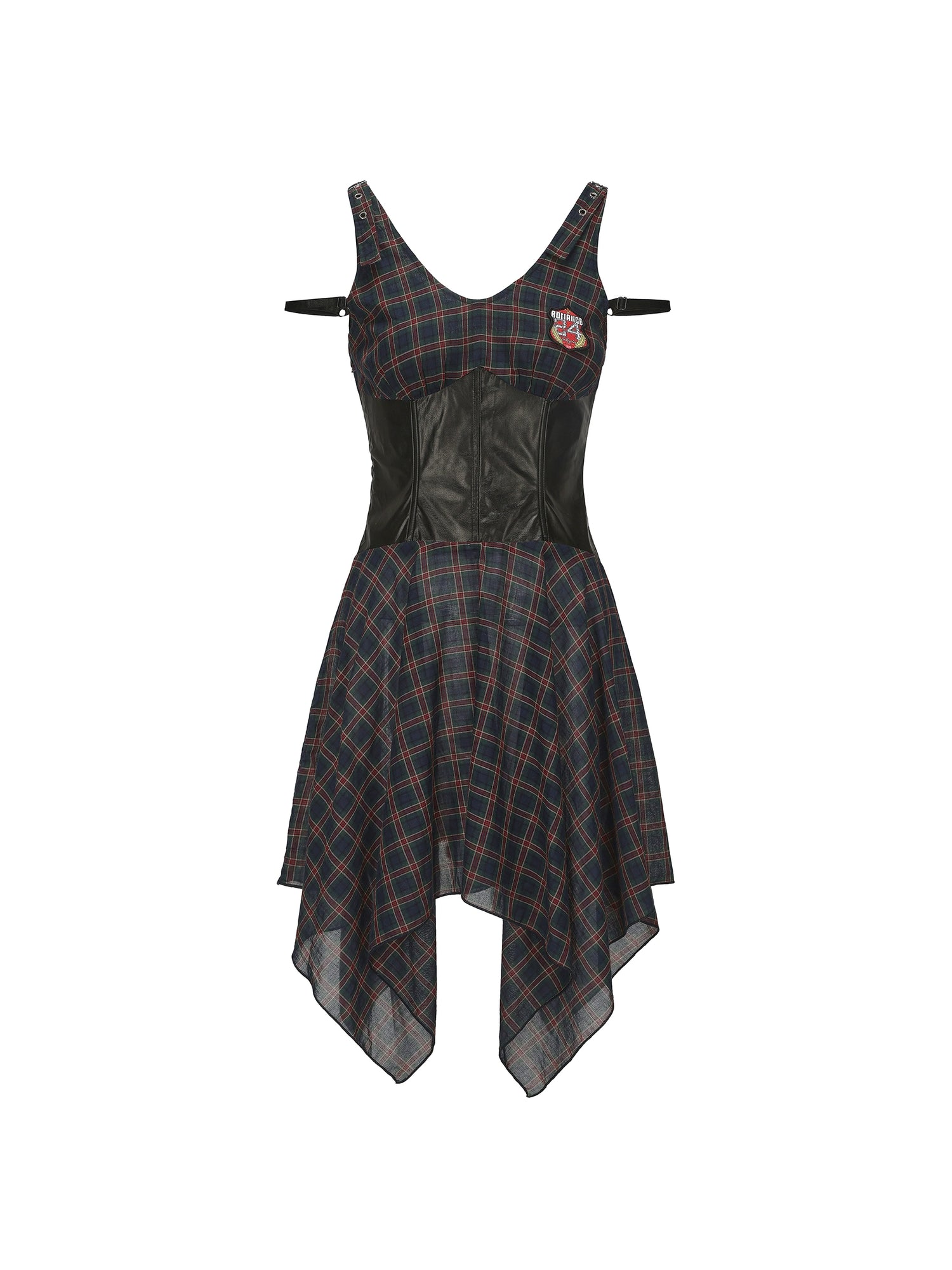 24ans_Punk_Plaid_PU_Cotton_Asymmetrical_Mini_Dress_V-Neck_T-Shirt_Long-Sleeve_MISSTT