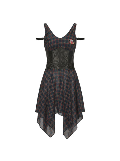 24ans_Punk_Plaid_PU_Cotton_Asymmetrical_Mini_Dress_V-Neck_T-Shirt_Long-Sleeve_MISSTT