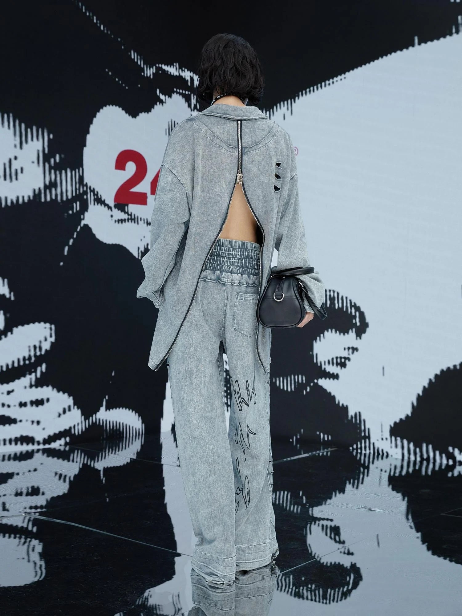 Punk Print Two Sided Reversible Cotton Set V Neck T Shirt Long Sleeve