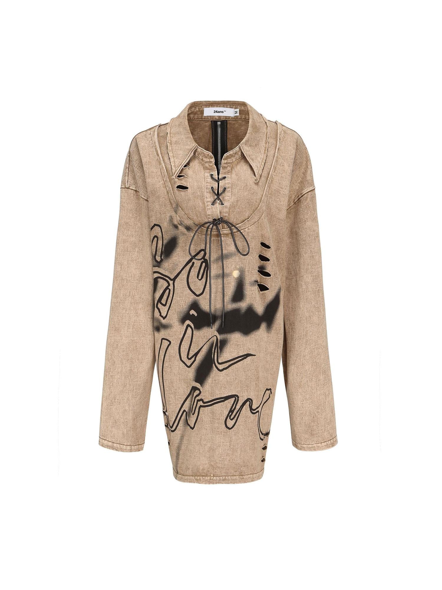 24ans Punk Print Two Sided Reversible Cotton Set  V-Neck T-Shirt Long Sleeve