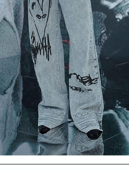 24ans Punk Print Two Sided Reversible Cotton Set  V-Neck T-Shirt Long Sleeve